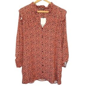 Zara NWT Orange Red Floral Printed Ruffle Shoulder Long Sleeve Button Mini Dress